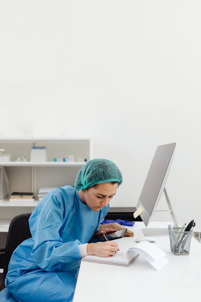 Medical professional in blue coveralls writing notes in a lab.
